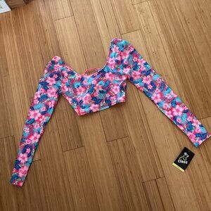Target brand floral hibiscus long sleeve cropped swim top rash guard kids xl 14